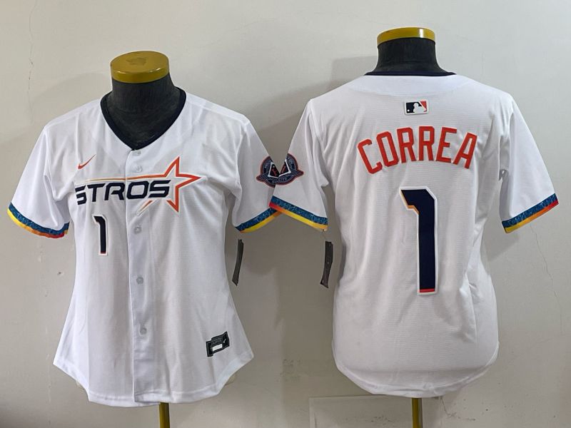 Women 2025 Houston Astros 1 Correa White Four generations Joint Name Nike MLB Jersey style 05